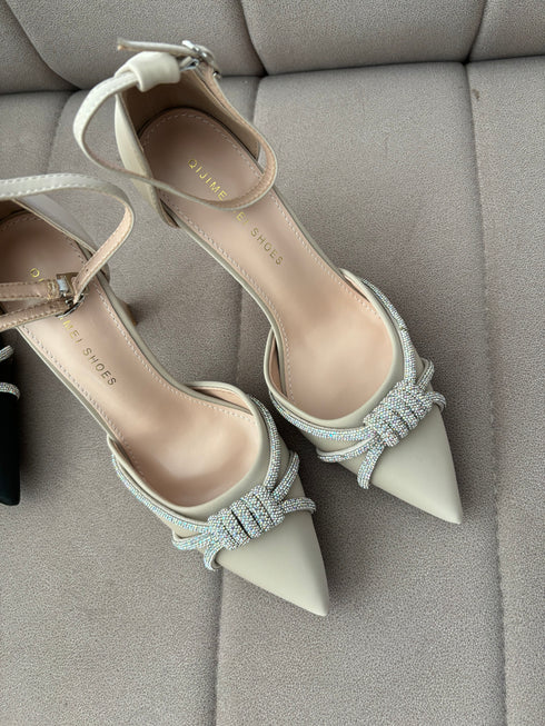 Rhinestone Embedded Pointy Toe Buckle Strap Heels
